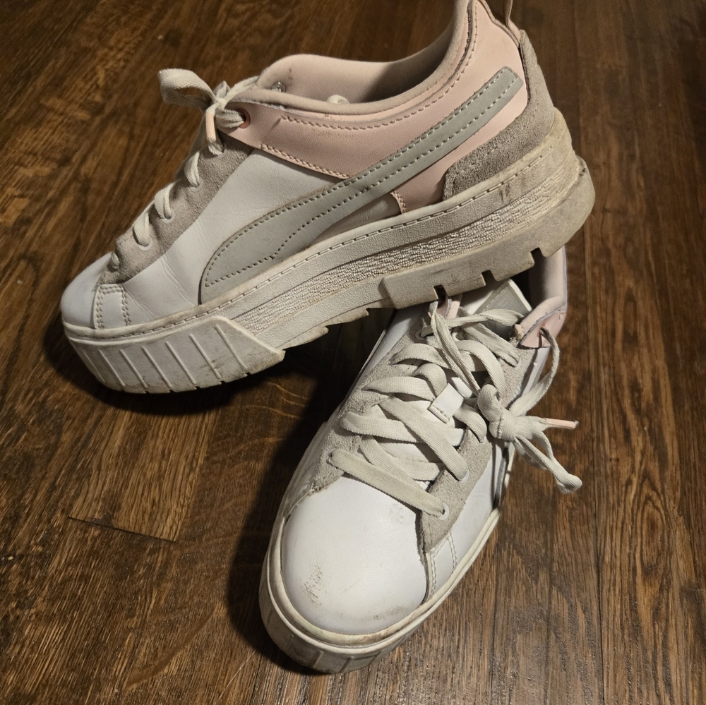 White and Pink Chunky Platform Sneakers